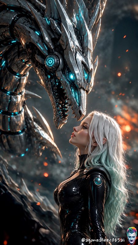 Long white haired futuristic woman standing face to face with a glowing mechanical silver dragon