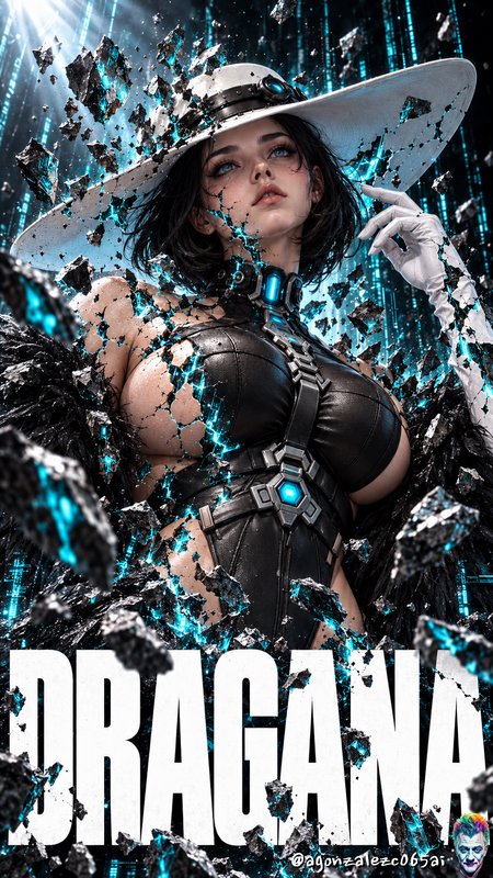 Futuristic fantasy woman in a wide white hat dissolves into glowing teal shards with bold DRAGANA...
