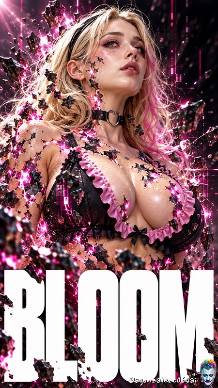 Hyperrealistic portrait of a pink-streaked blonde woman surrounded by glowing pink shards with bo...