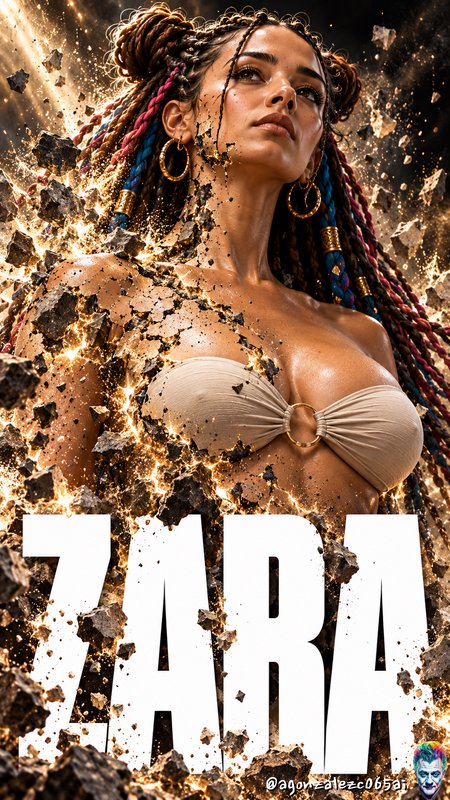 Epic fantasy portrait of heroine Zara surrounded by floating rock shards and glowing golden energy
