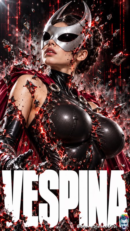 Female superhero Vespina in a silver horned mask surrounded by glowing red explosive crystal shards