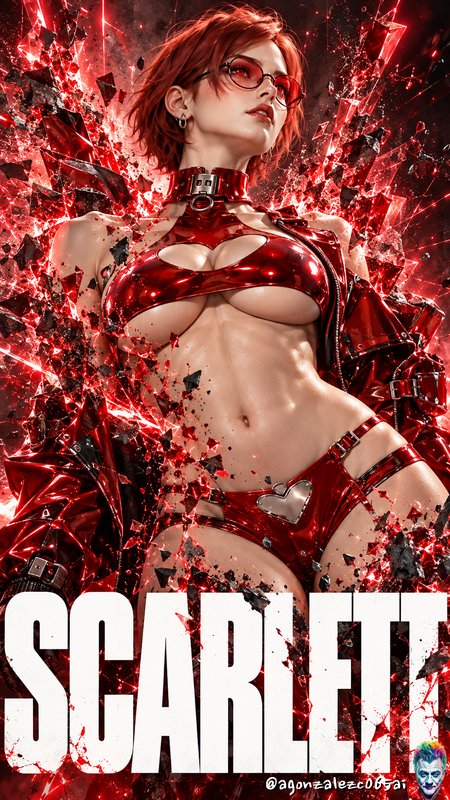 Stylized Scarlett character with short red hair in shiny red latex surrounded by bursting red cry...