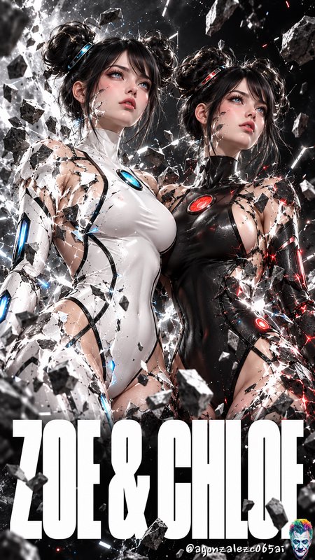 Twin sci-fi characters Zoe and Chloe stand amid floating shattered debris in contrasting futurist...