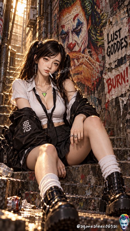 Edgy twin-tailed girl sits on sunlit weathered stairwell beside a vivid Joker graffiti mural