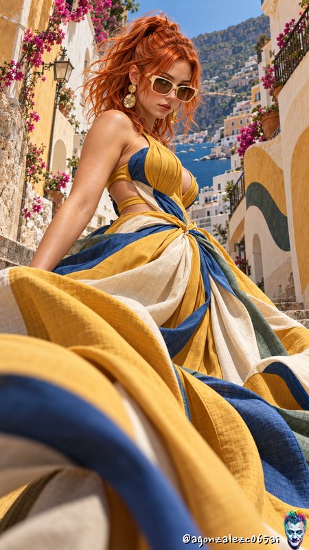 Red haired woman in a flowing color-block gown poses on sunlit Mediterranean coastal village steps