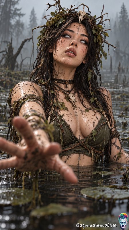 Swamp witch with a twig crown reaches out while standing waist-deep in misty marsh waters.