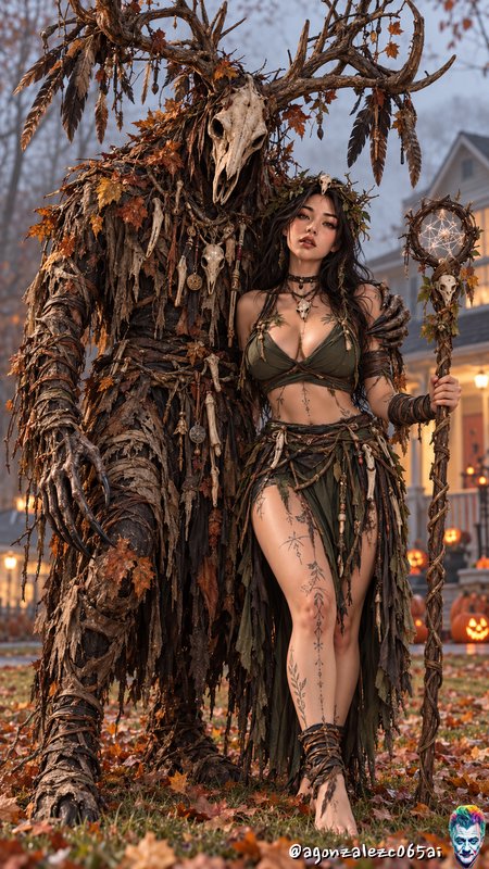 Forest witch stands beside a towering antlered wendigo in a foggy autumn Halloween front yard