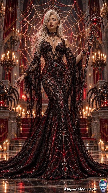 Gothic spider queen in an ornate black lace gown holds a jeweled staff in a candlelit throne chamber