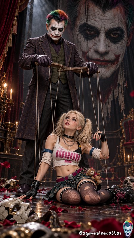 Joker holds marionette strings appearing to control Harley Quinn as a puppet on a gothic theater ...