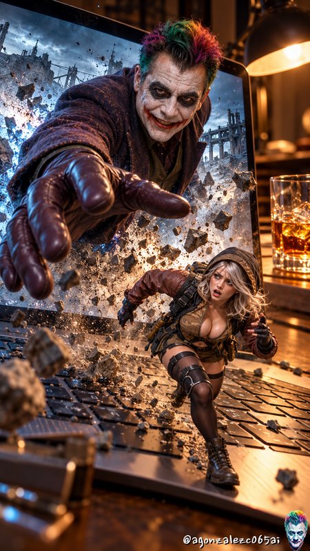 Joker reaches through a laptop screen as a tiny tactical female character climbs out onto the key...