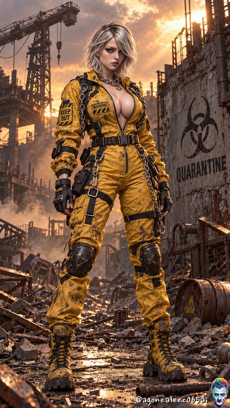 Woman in yellow hazmat jumpsuit standing in post-apocalyptic industrial quarantine ruins at golde...