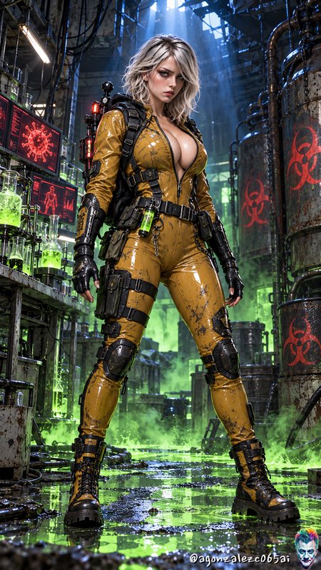 Woman in scuffed yellow tactical hazmat suit stands in glowing green toxic abandoned industrial lab