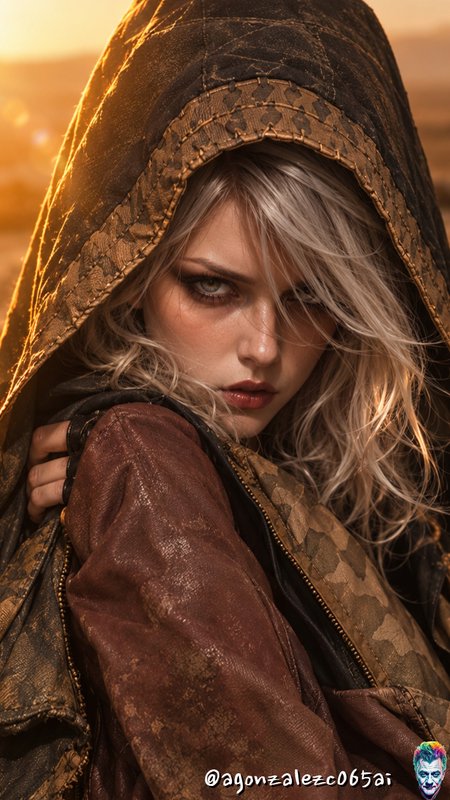 Intense hooded blonde fantasy rogue backlit by warm golden sunset light