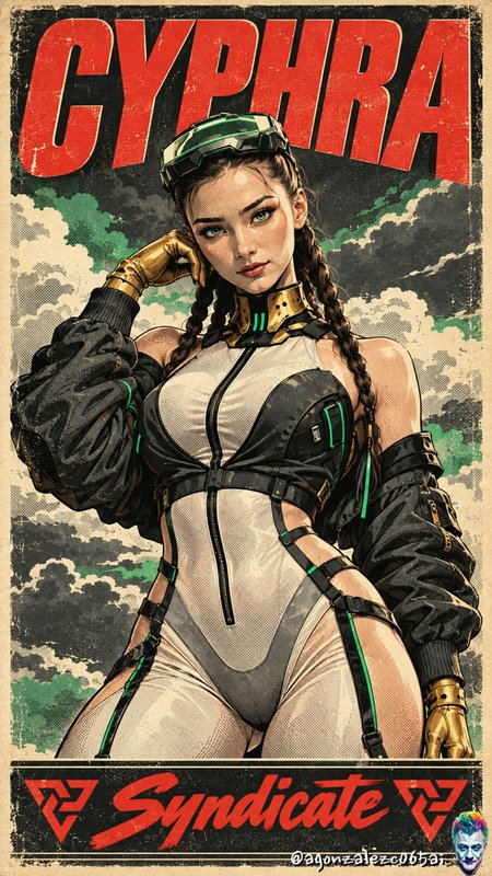 Retro pulp poster of cyberpunk character Cyphra with braids, tech goggles and gold prosthetic gloves