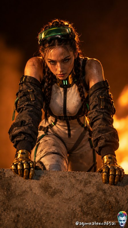 Futuristic tactical female climber with robotic gauntlets grips a concrete ledge against fiery or...
