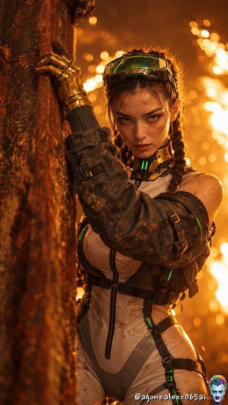 Cyberpunk tactical woman with braided hair and tech gear leaning on rusted metal in warm fiery go...