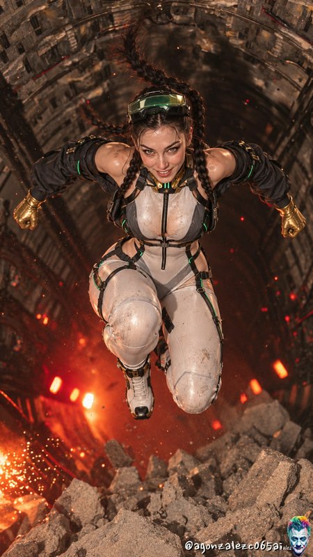 Futuristic action heroine leaping toward the camera above smoldering rubble in a burning ruined t...