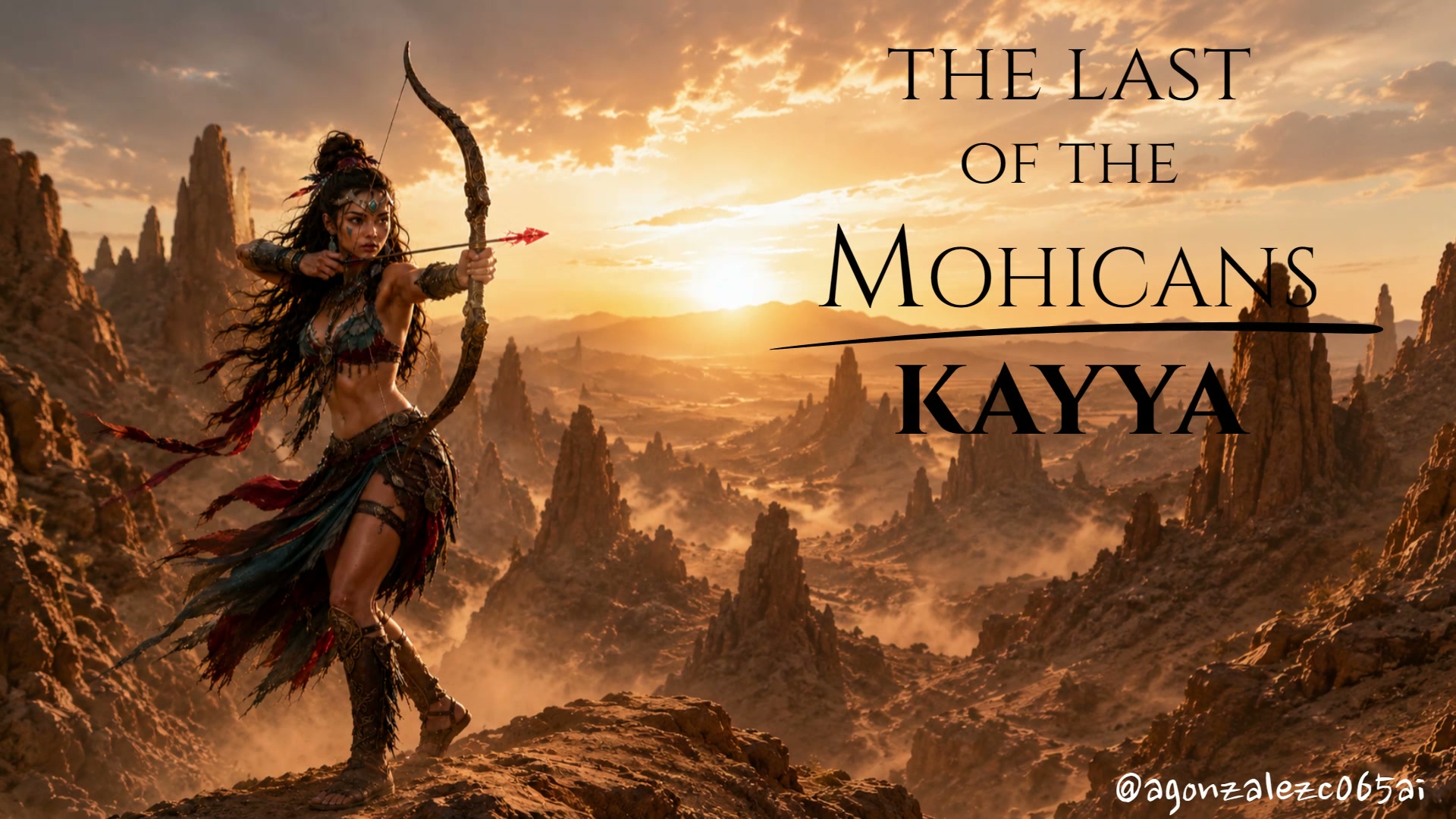 Female tribal archer draws an ornate bow atop a rocky desert cliff at golden sunset, with title t...