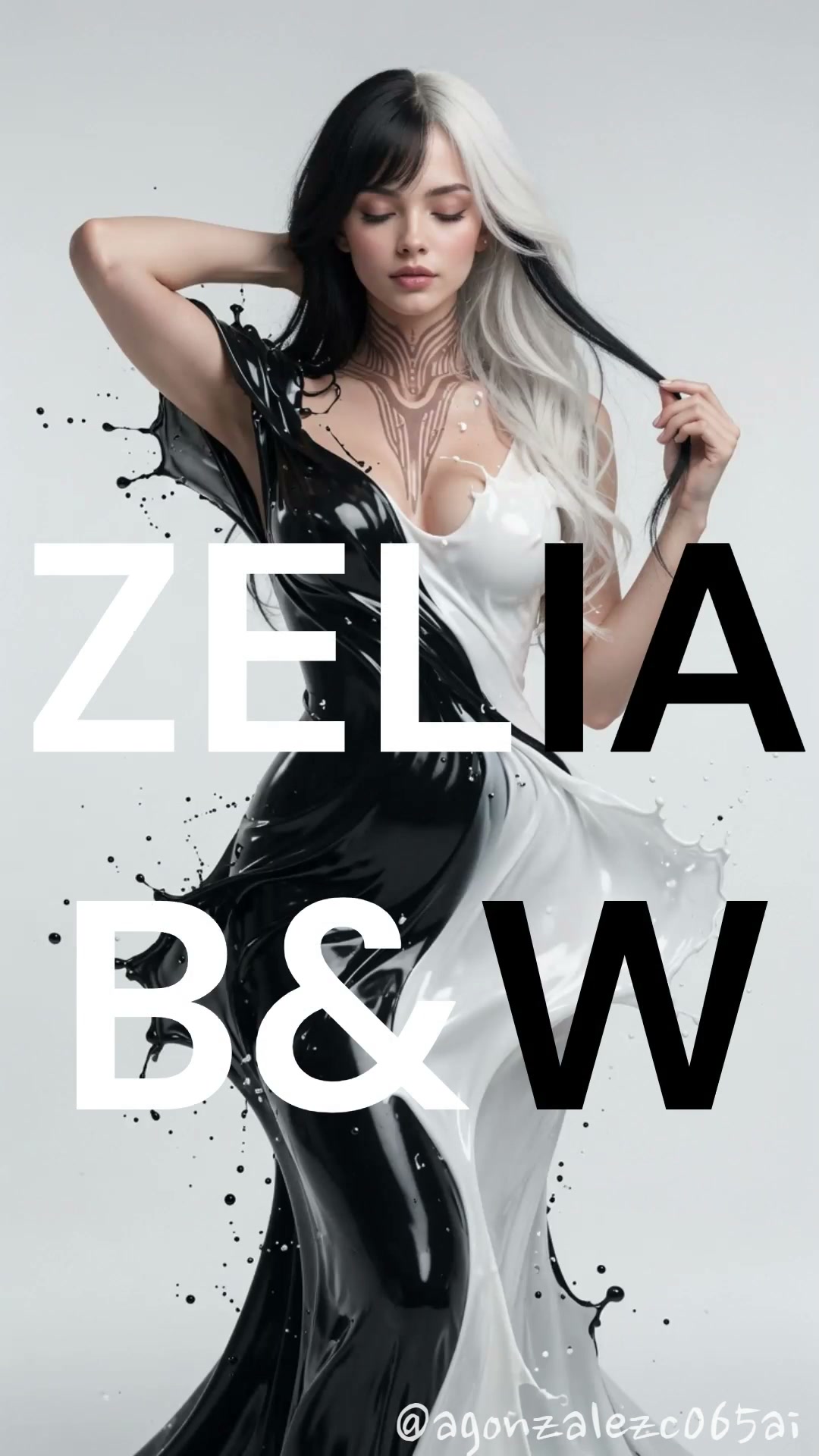 AI fashion portrait of woman with split black-white hair, splashing monochrome liquid dress, ZELI...