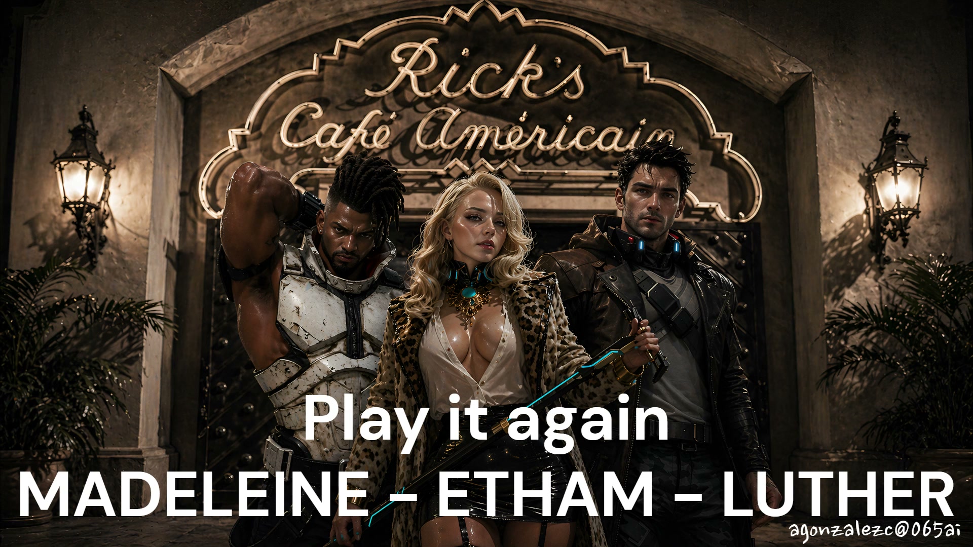 Cyberpunk character trio stand posed before the iconic Rick's Cafe Americain entrance with text o...
