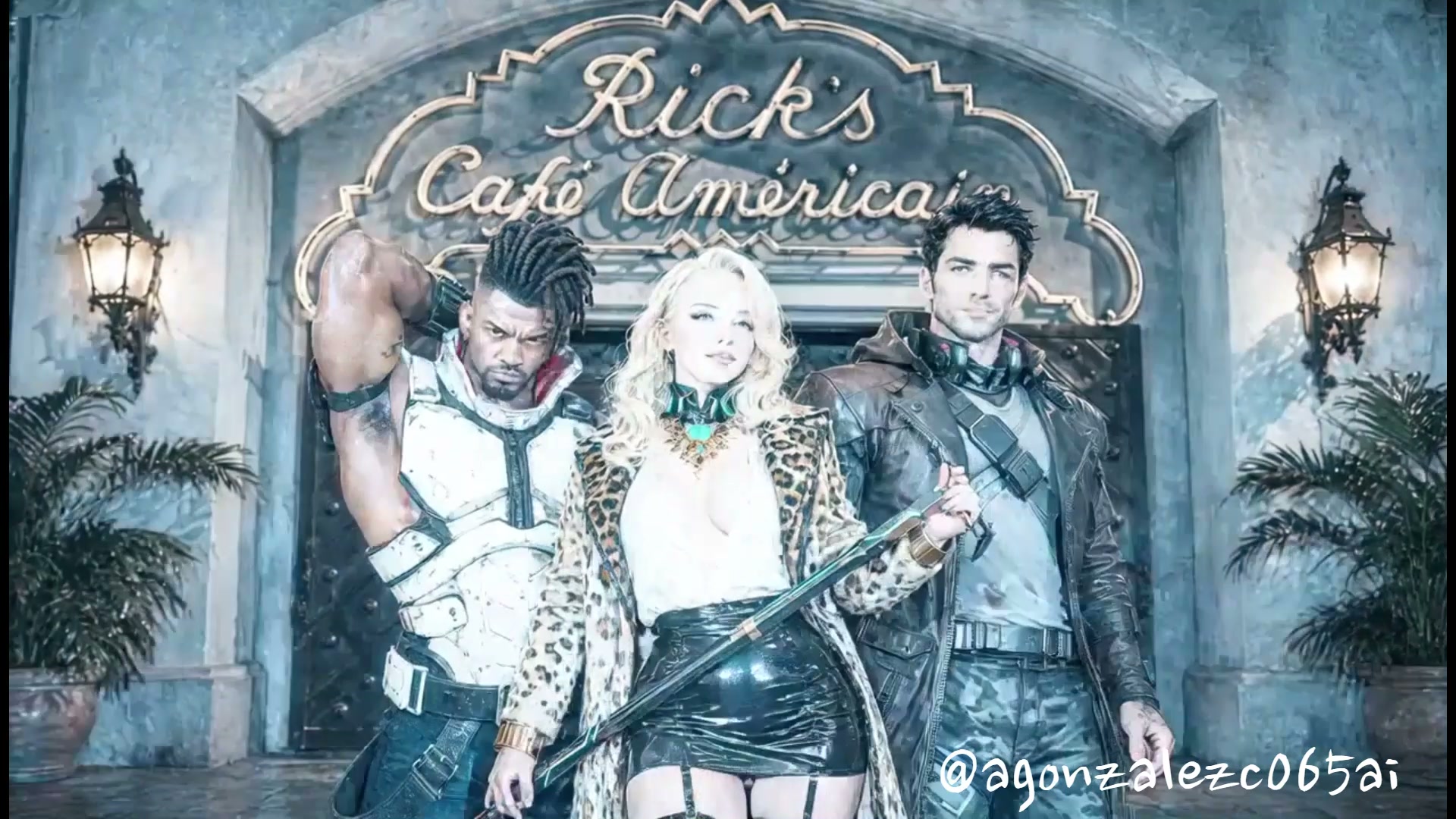 Three stylized futuristic characters pose in front of the gilded Rick's Cafe Americain entrance