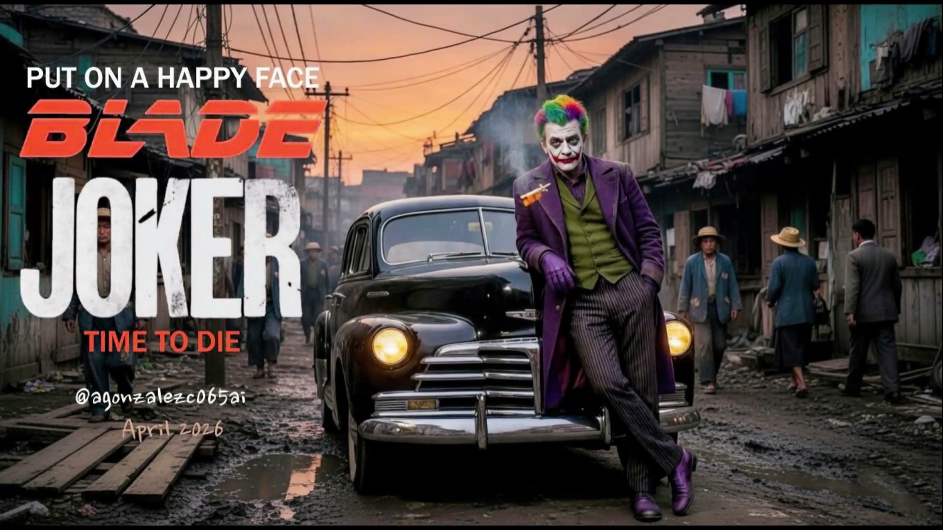 Fanmade Joker crossover poster of Joker leaning on a vintage black sedan in a muddy slum street a...