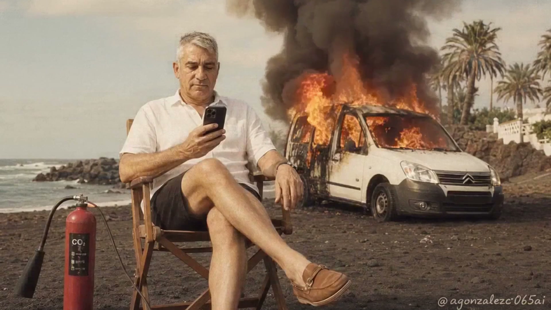 Older man calmly scrolls his phone in a beach chair, ignoring a fully engulfed burning van behind...