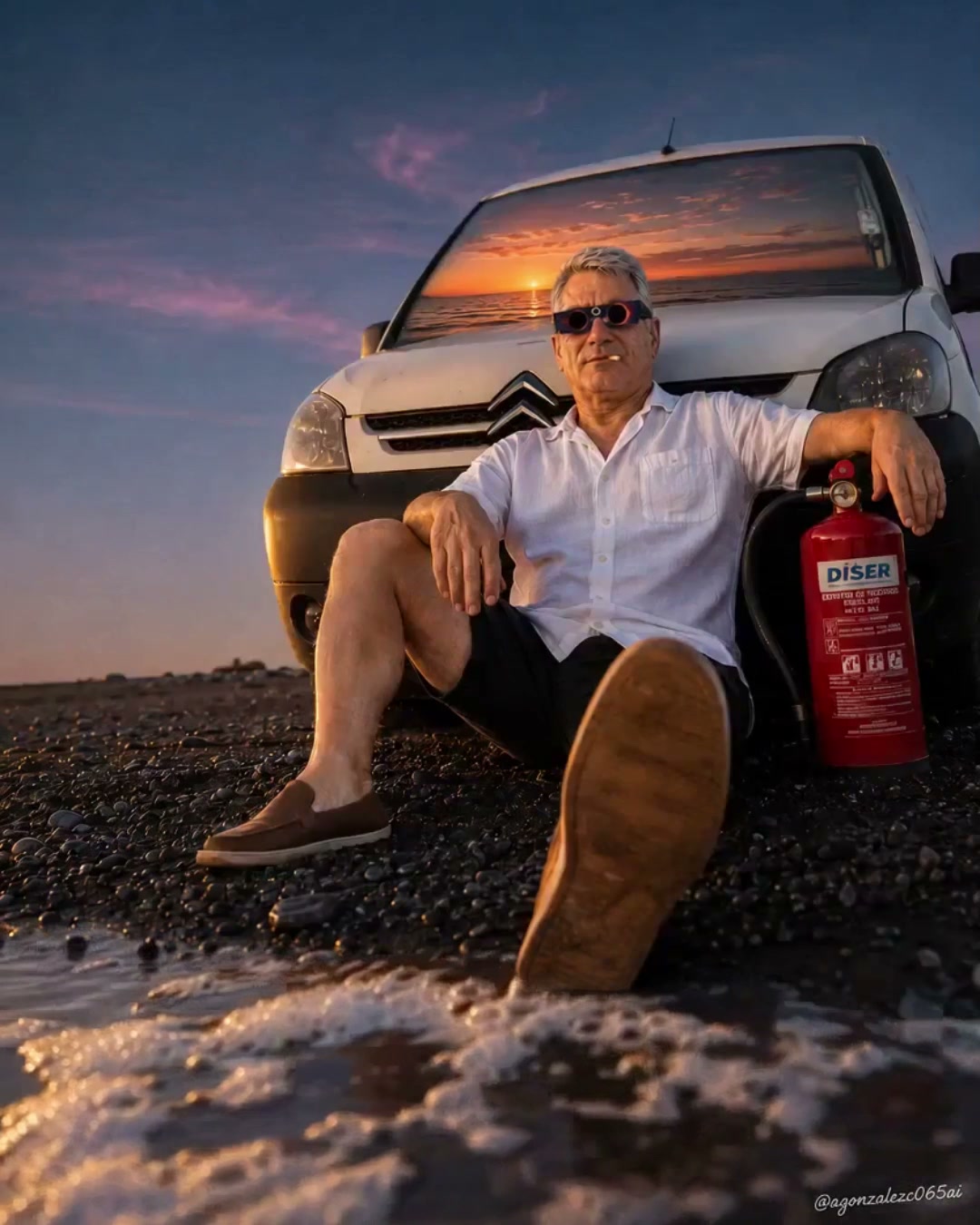 Older man in novelty sunglasses sits leaning against a white Citroen van on a pebbled beach at su...