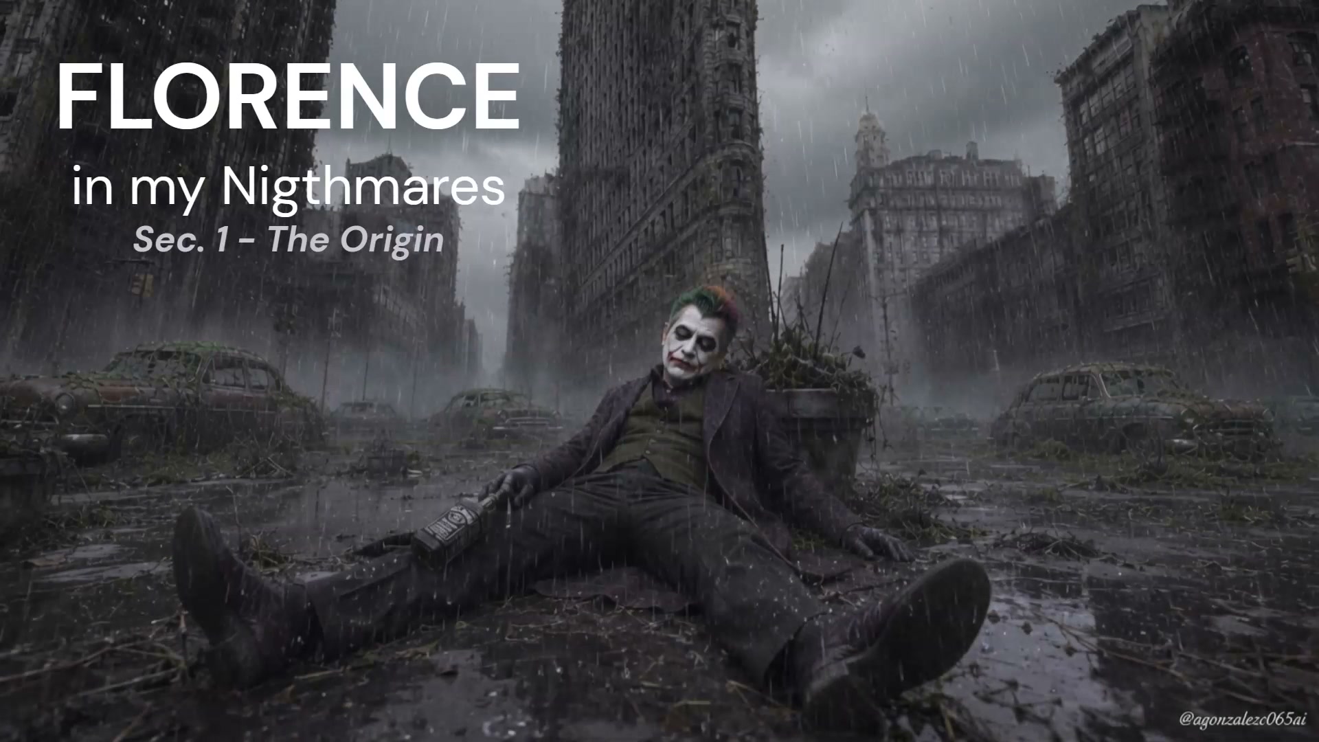 AI artwork of Joker seated on rainy post-apocalyptic city street, overlaid with "Florence in my N...