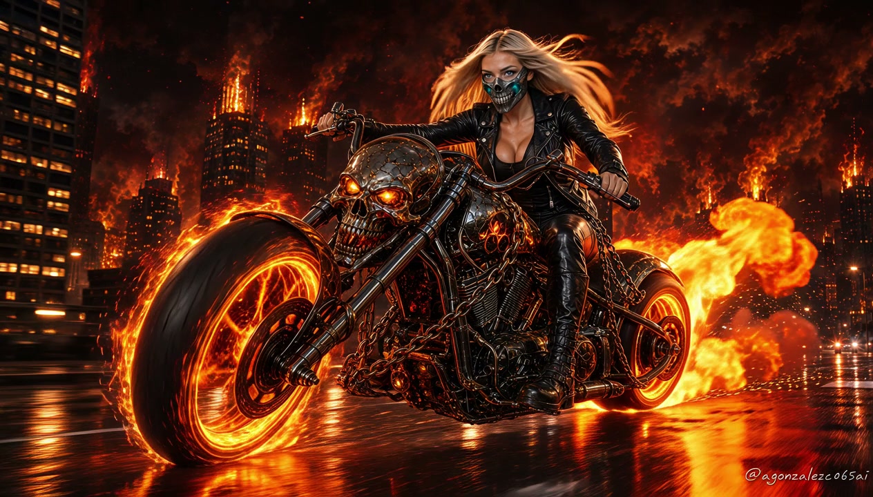 Masked blonde female biker rides flaming skull chopper through burning apocalyptic city at night