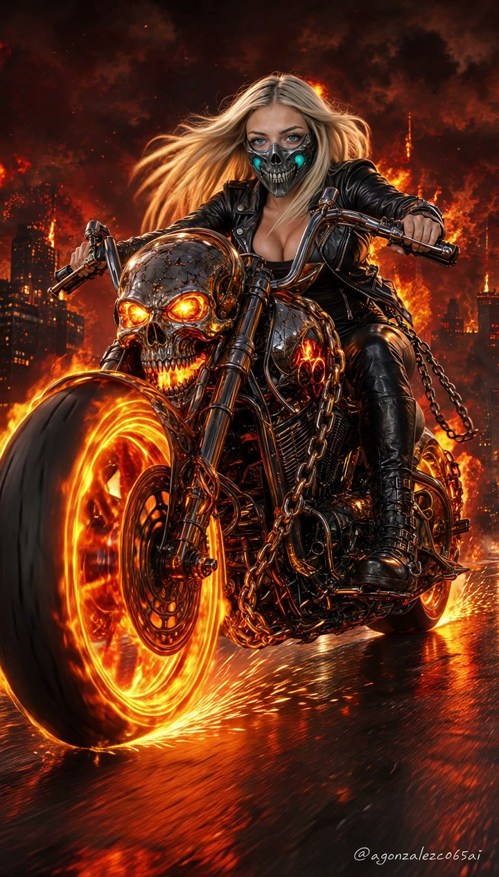 Blonde biker in a skull mask riding a flaming skull motorcycle through a burning apocalyptic city...