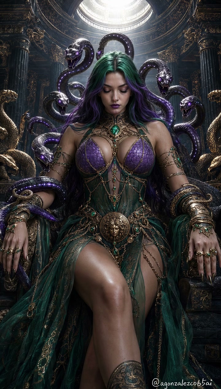 Regal Medusa fantasy goddess seated on an ornate serpent throne surrounded by glowing purple snak...