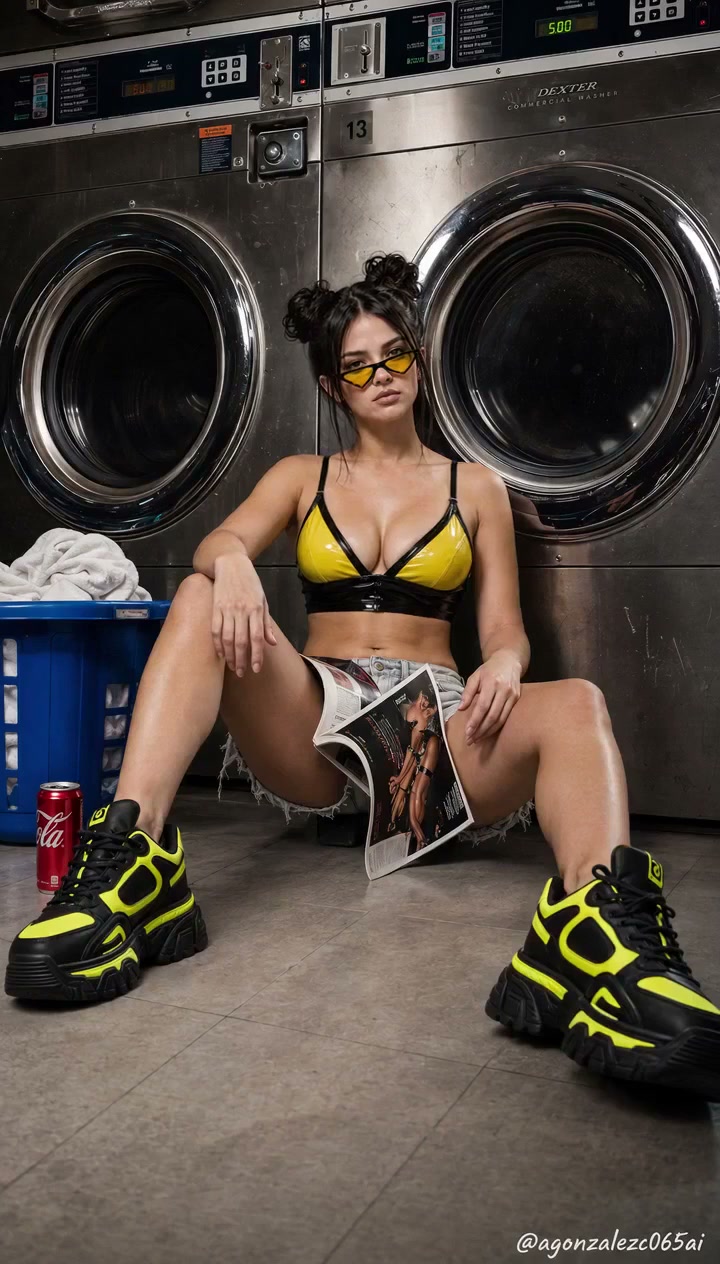 Stylish woman in neon yellow streetwear sits on laundromat floor between commercial front-loading...