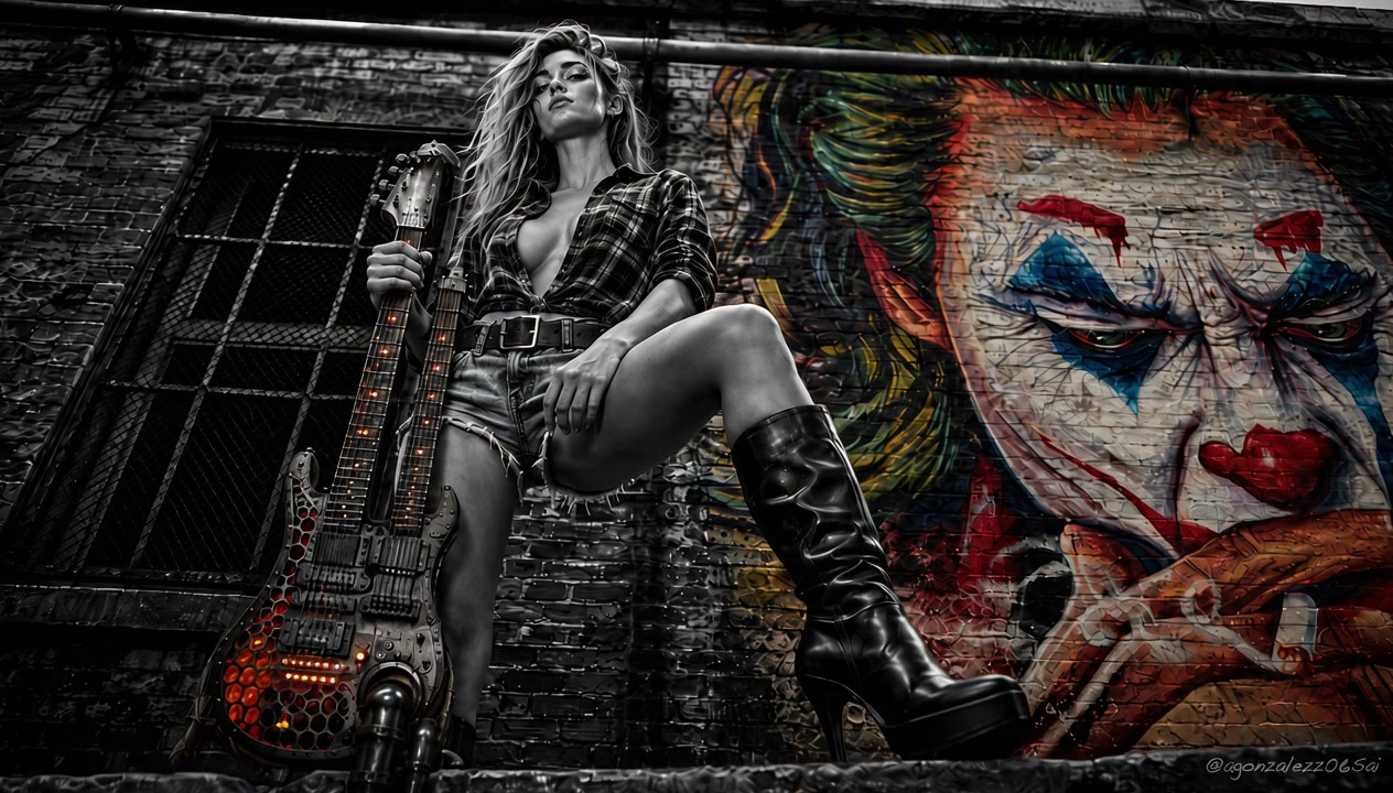 Low angle shot of grayscale female rocker holding a custom double-neck guitar beside a colorful J...