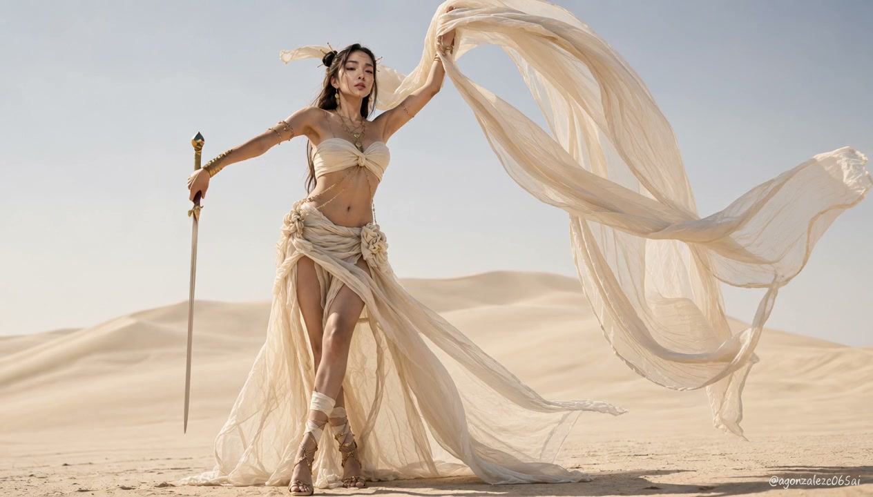 Ethereal desert fantasy warrior woman holds a sword, billowing sheer cream fabric, posed on sunli...