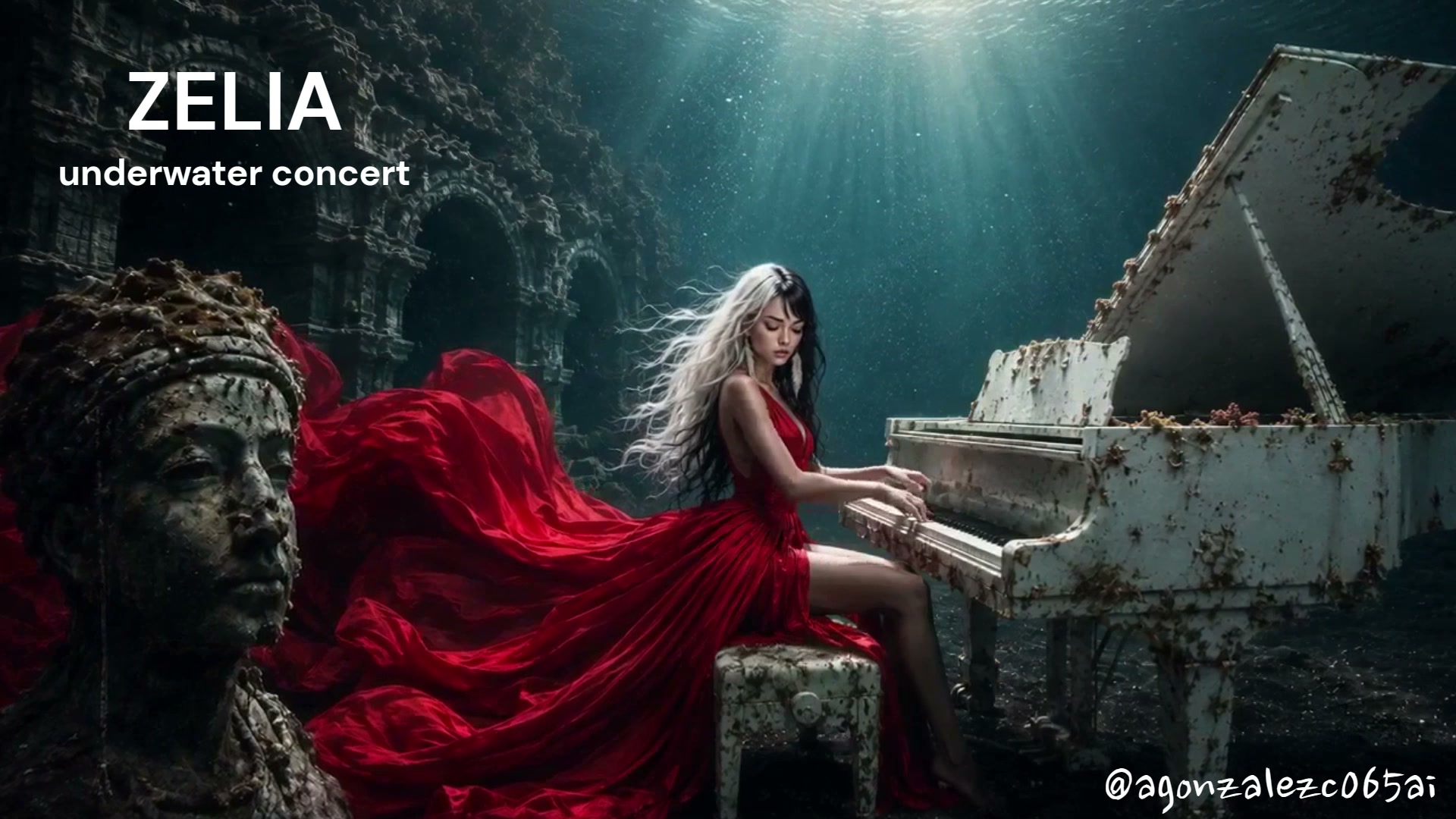 Woman in a flowing red gown plays barnacle-covered grand piano beside sunken ancient ruins, art t...