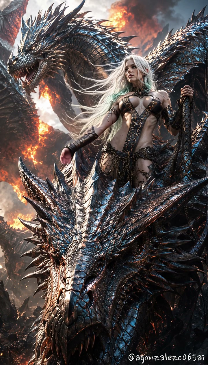 Powerful platinum-haired fantasy warrior stands atop spiked metallic dragons above a fiery war-to...