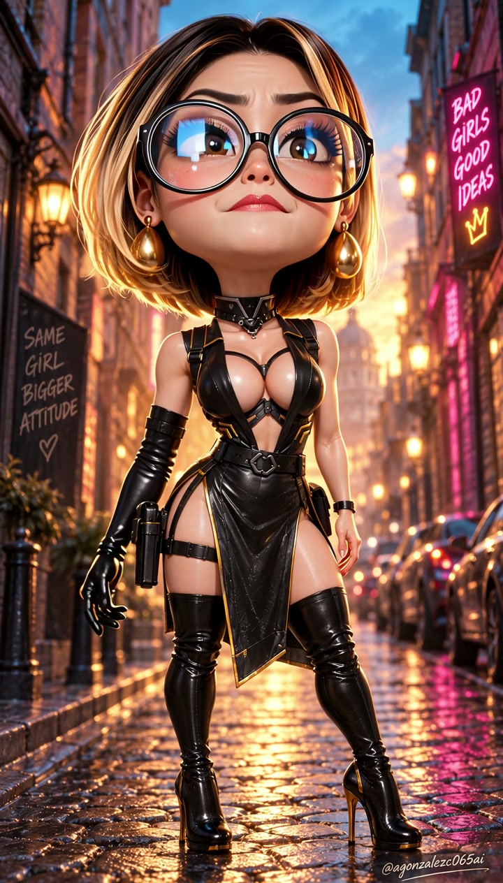 3D chibi caricature of a confident woman with large round glasses, leather outfit, standing on a ...
