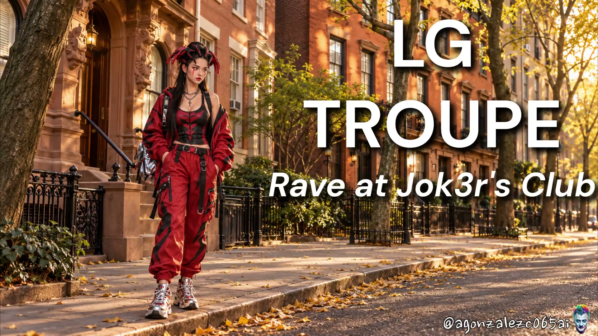 Woman in red cyberpunk streetwear stands on an autumn brownstone city sidewalk with track title t...