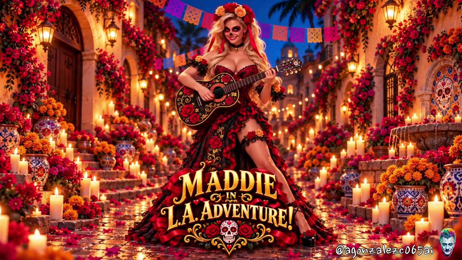 Woman with sugar skull makeup plays guitar on a flower-lined Day of the Dead street