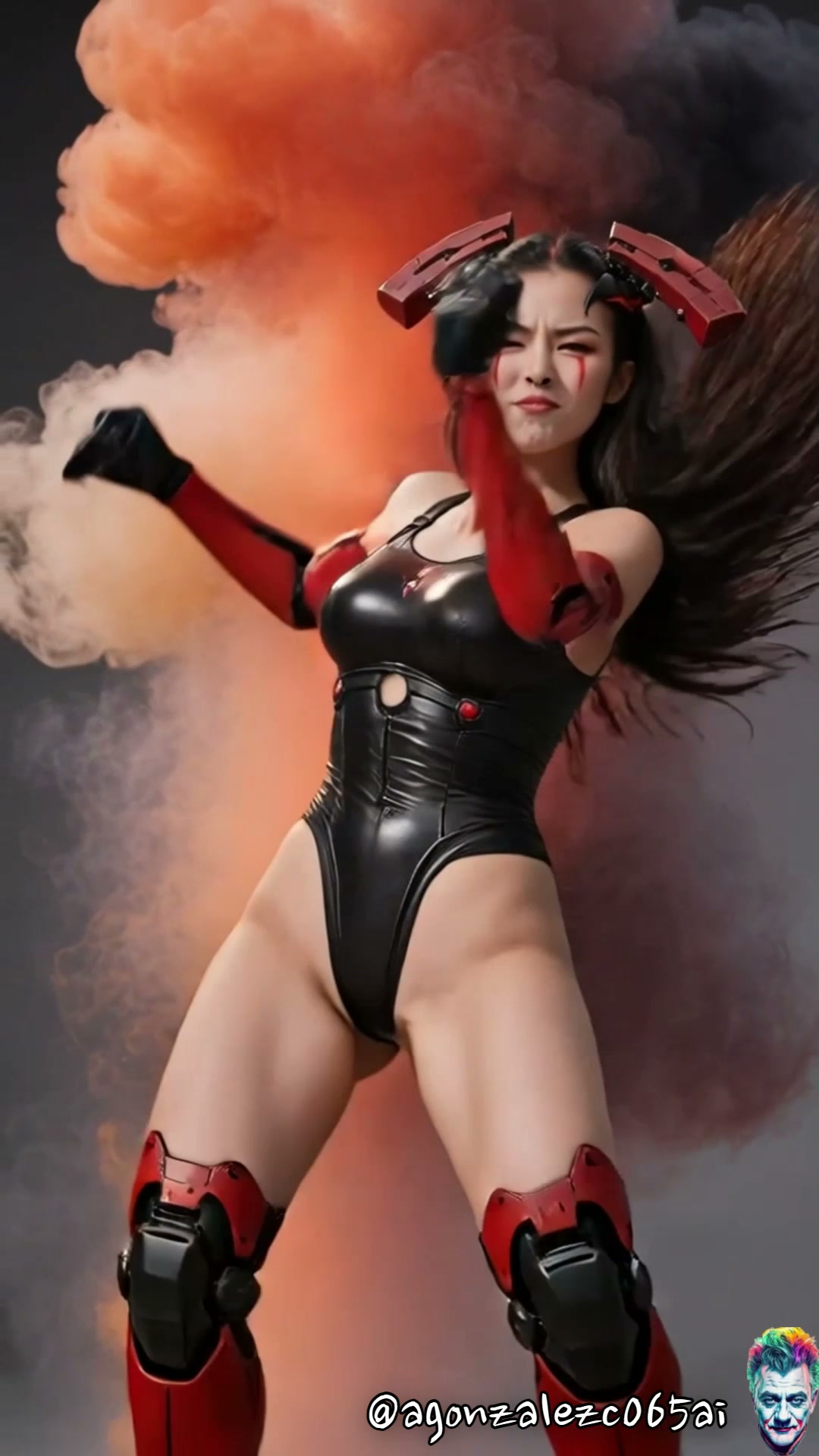 Futuristic cyberpunk female warrior in black and red armor poses against billowing orange explosi...