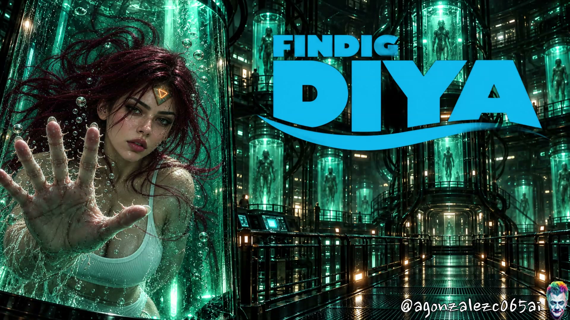 Red haired woman reaches out from a glowing stasis tank in a futuristic sci-fi lab with Finding D...
