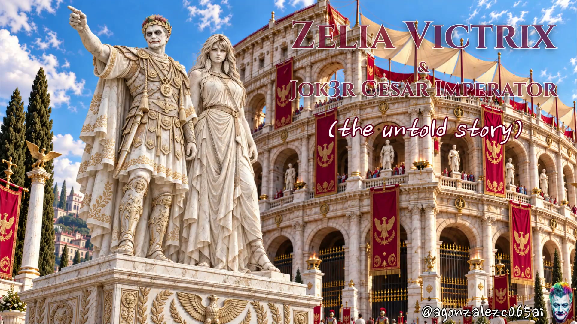 Ornate marble Roman imperial statues stand before a grand decorated coliseum with fantasy story t...