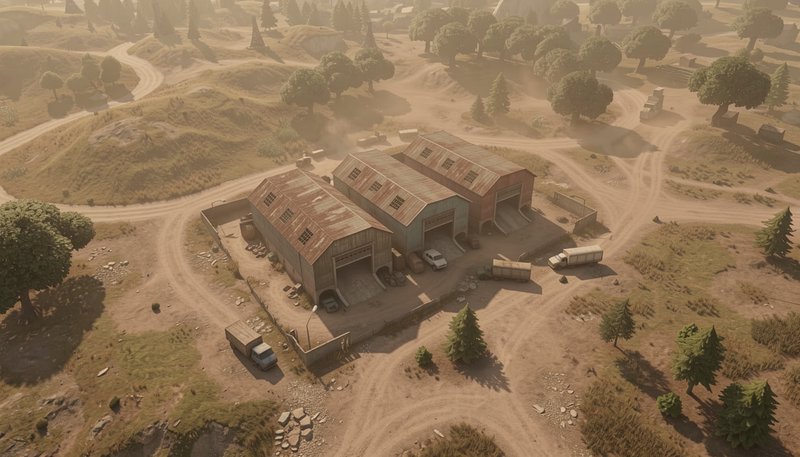 Aerial top-down view of hazy sunlit rural warehouse complex with parked trucks, dirt crossroads a...