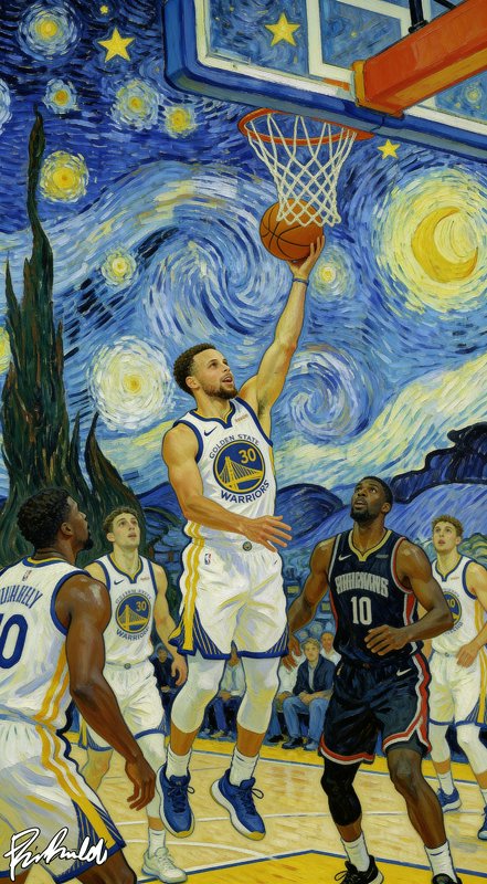 Starry Night style post-impressionist art of Stephen Curry shooting a layup for the Golden State ...