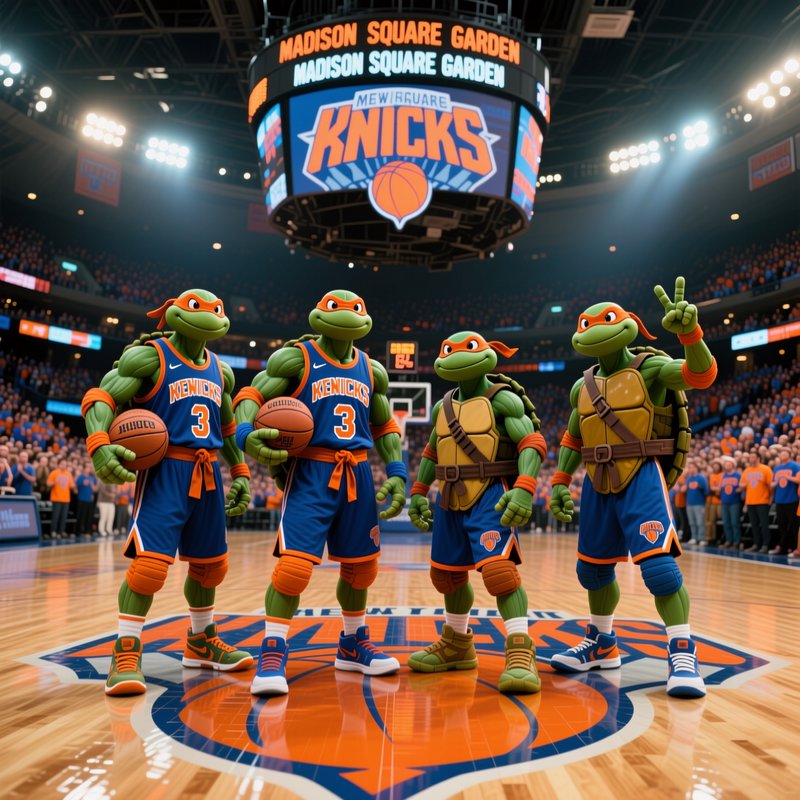 Four Teenage Mutant Ninja Turtles in Knicks uniforms stand center court at Madison Square Garden ...