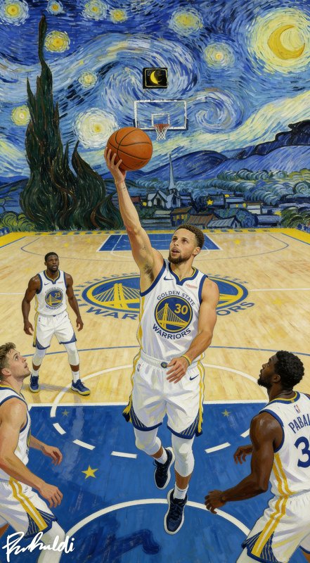 Stephen Curry shoots a layup on a Golden State Warriors court, with a background styled as Van Go...