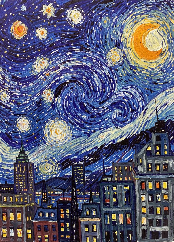 Impasto painting reimagining Van Gogh's Starry Night, swirling night sky hovering over a glowing ...