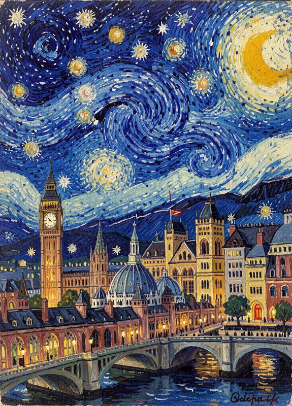 Impressionist Starry Night style painting of London skyline featuring Big Ben, a Thames bridge, a...