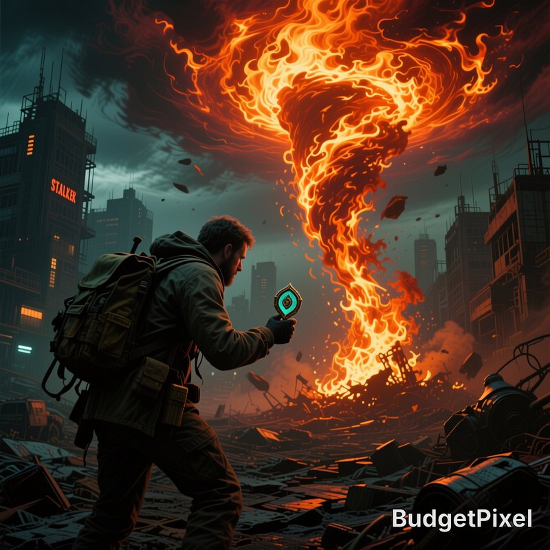Post-apocalyptic survivor holds a glowing tracker while observing a massive fire tornado over a r...